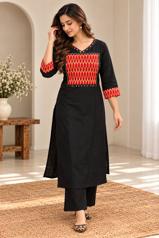 Black & Red Embroidered Kurta Set