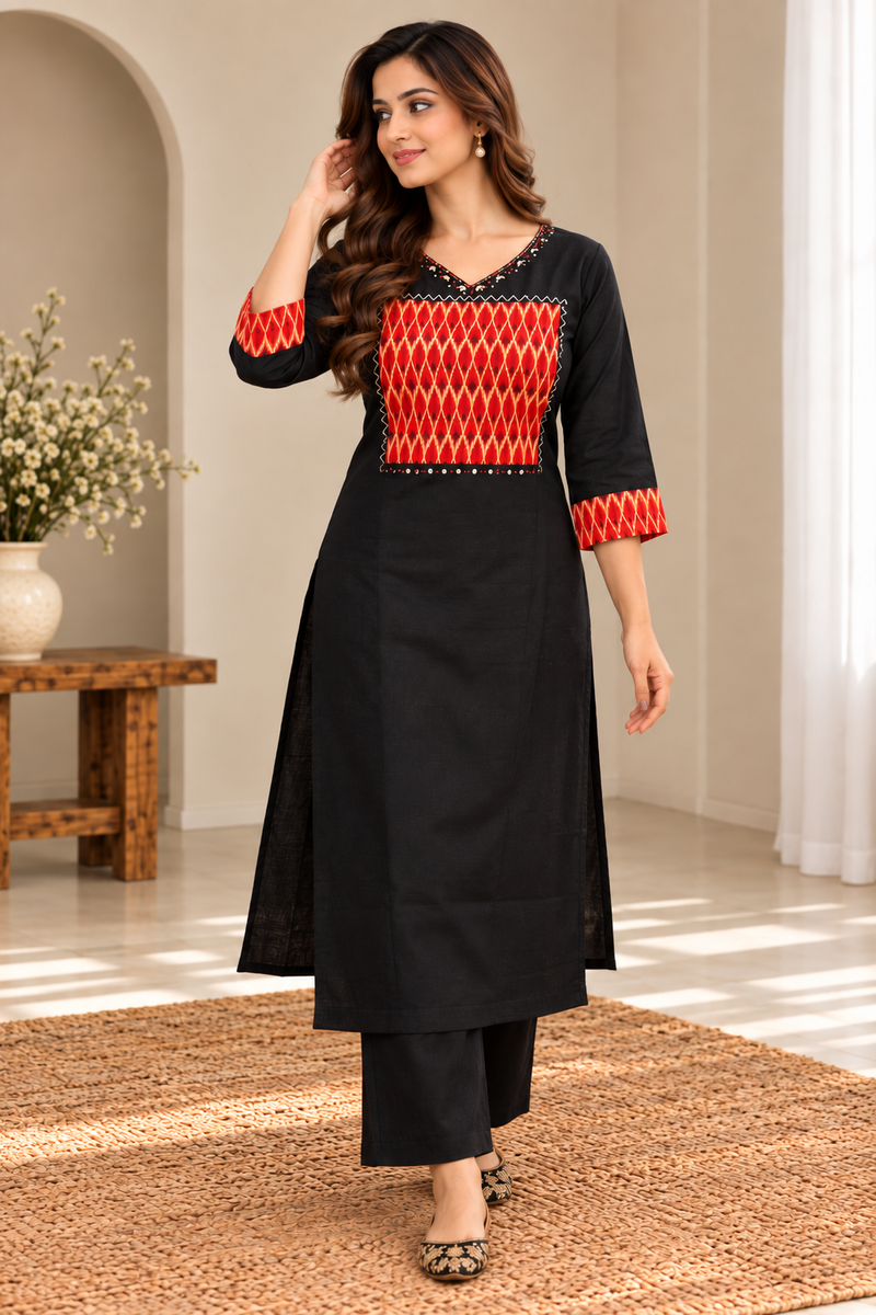 Black & Red Embroidered Kurta Set