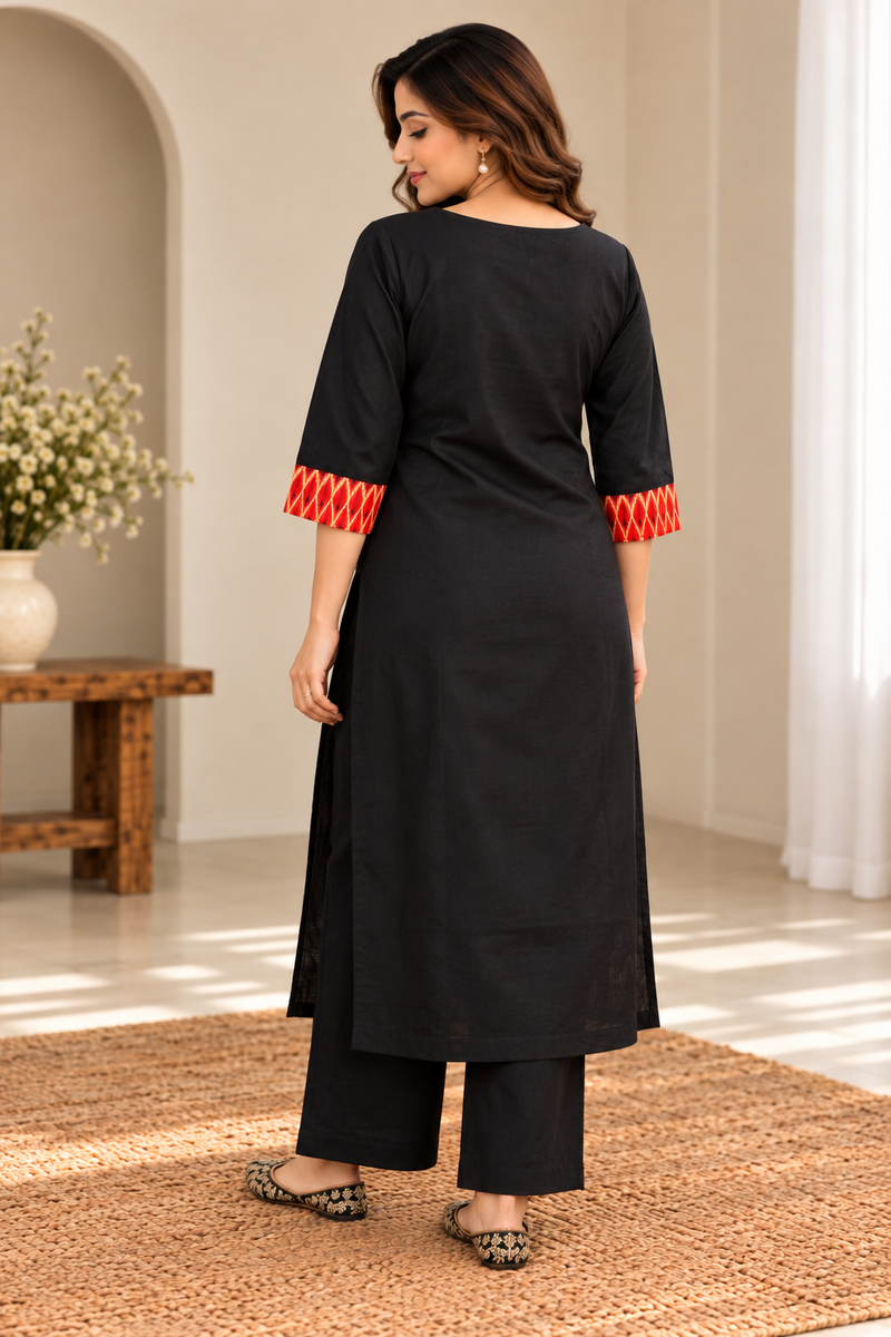 Black & Red Embroidered Kurta Set