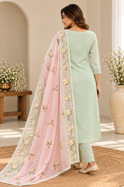 Pastel Green Embroidered Kurta Set with Pink Dupatta