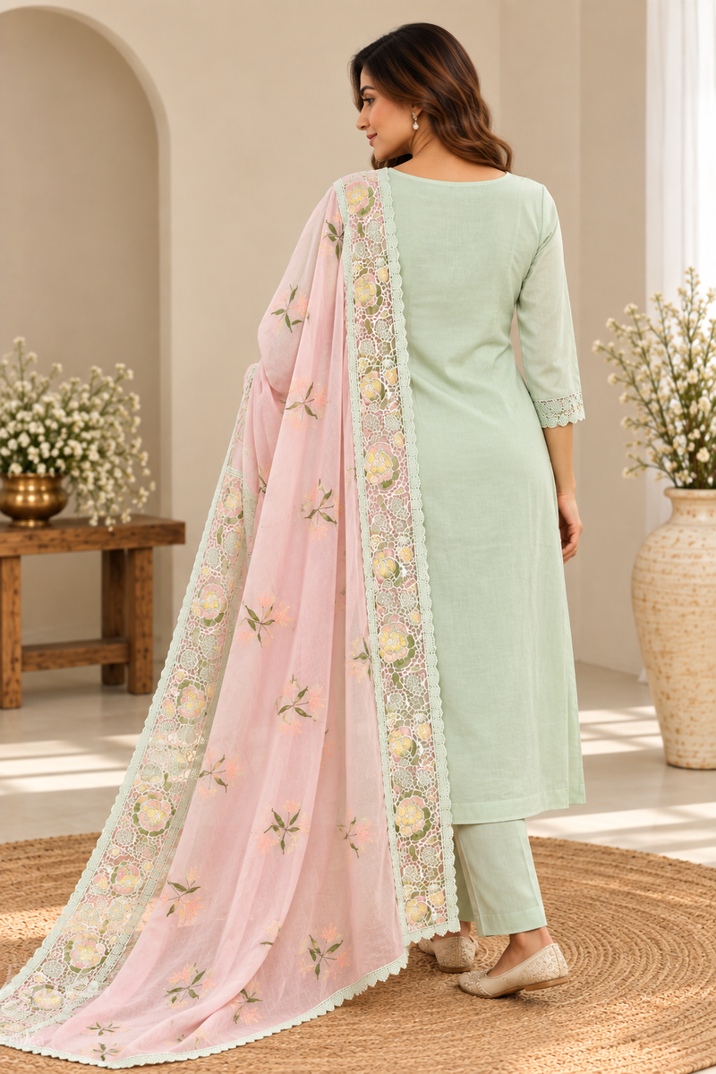 Pastel Green Embroidered Kurta Set with Pink Dupatta