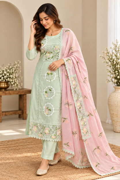 Pastel Green Embroidered Kurta Set with Pink Dupatta