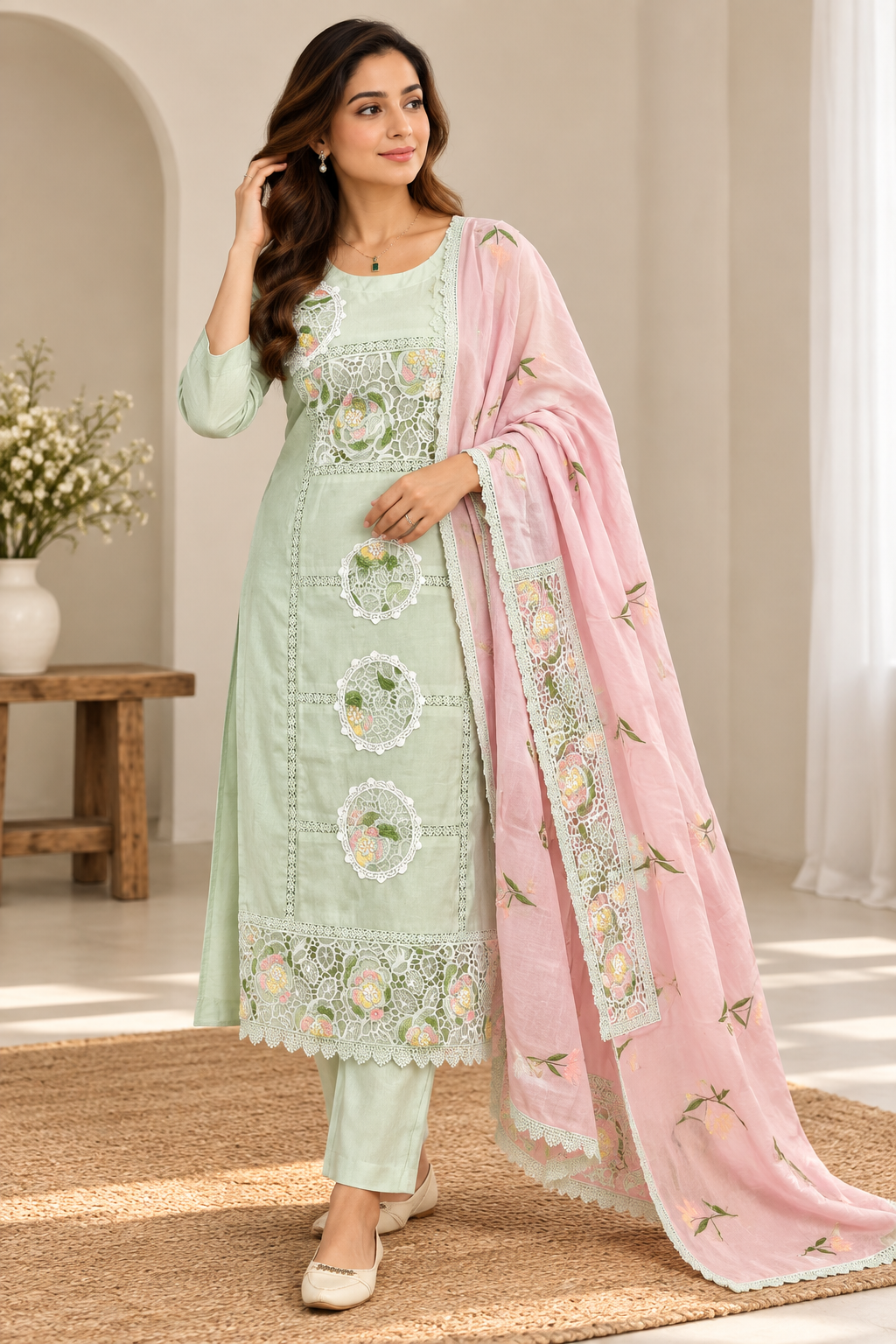 Pastel Green Embroidered Kurta Set with Pink Dupatta