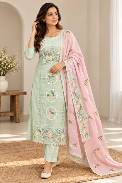 Pastel Green Embroidered Kurta Set with Pink Dupatta