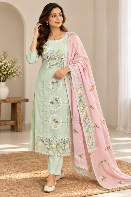 Pastel Green Embroidered Kurta Set with Pink Dupatta
