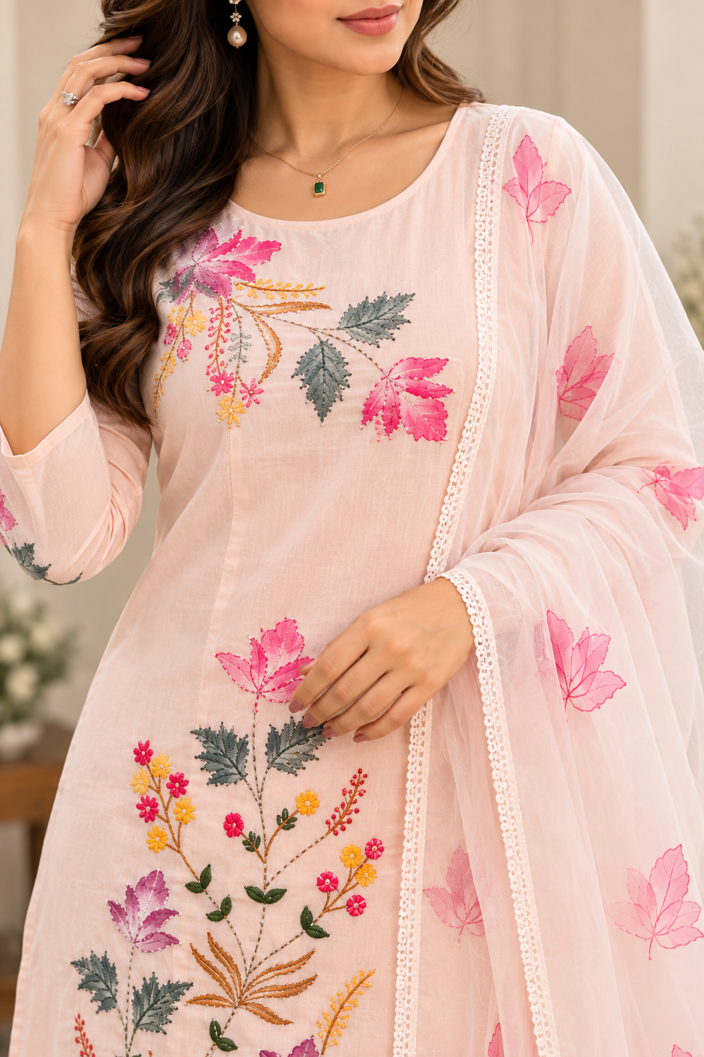Pastel Pink Floral Embroidered Kurta Set with Dupatta