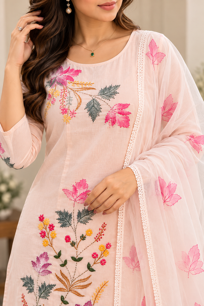Pastel Pink Floral Embroidered Kurta Set with Dupatta