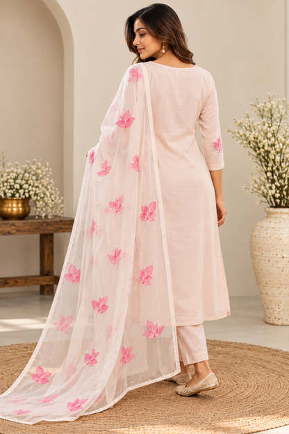 Pastel Pink Floral Embroidered Kurta Set with Dupatta