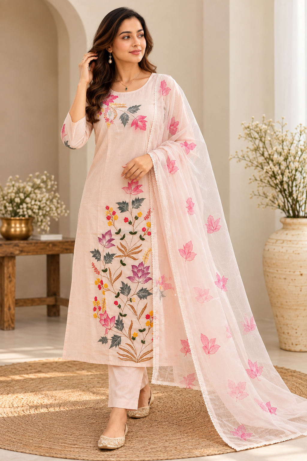 Pastel Pink Floral Embroidered Kurta Set with Dupatta