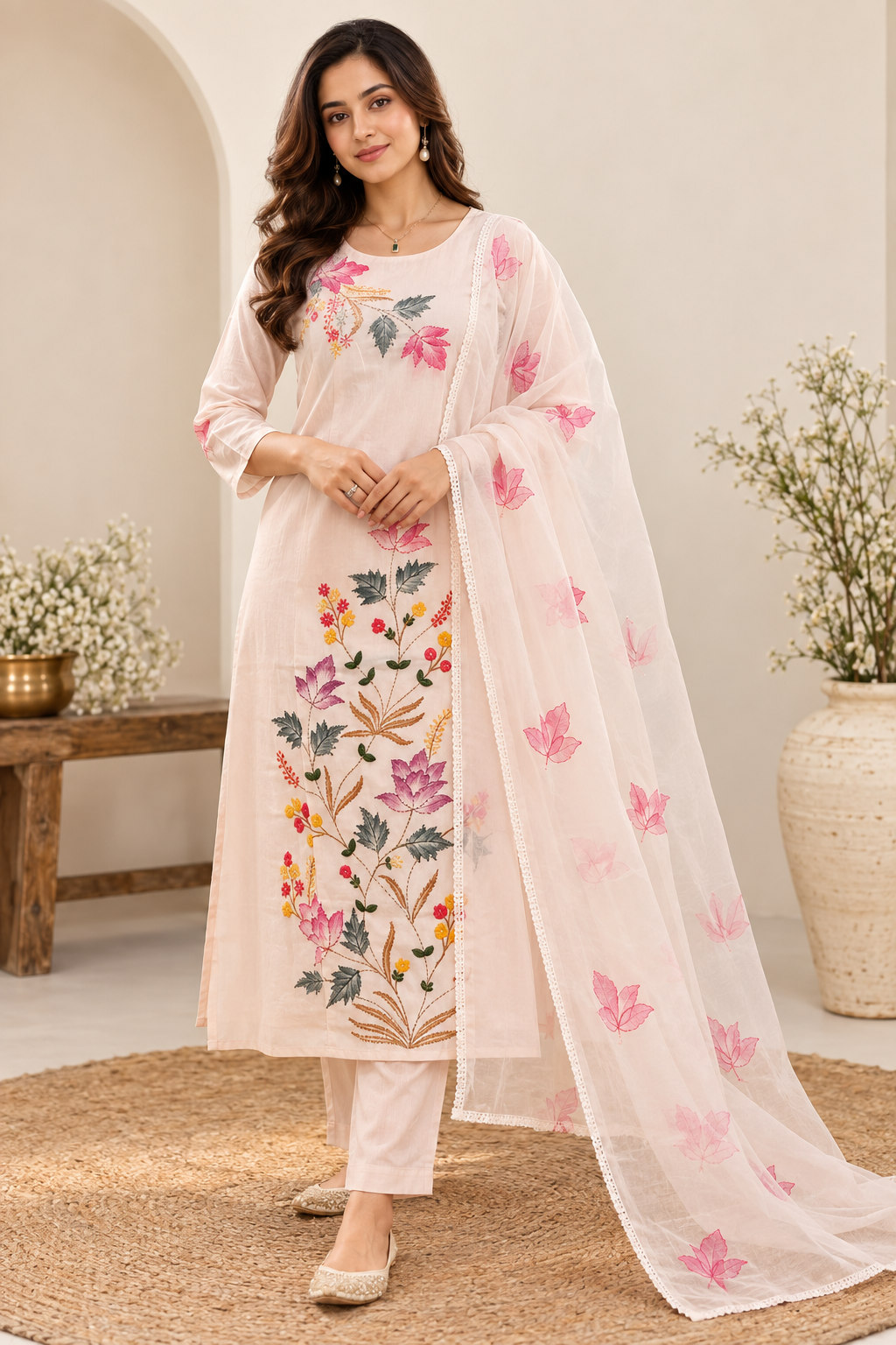 Pastel Pink Floral Embroidered Kurta Set with Dupatta