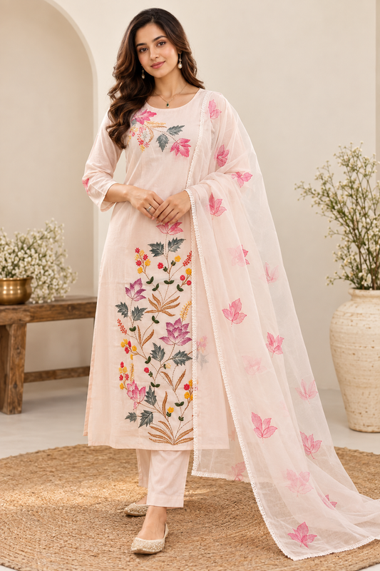 Pastel Pink Floral Embroidered Kurta Set with Dupatta