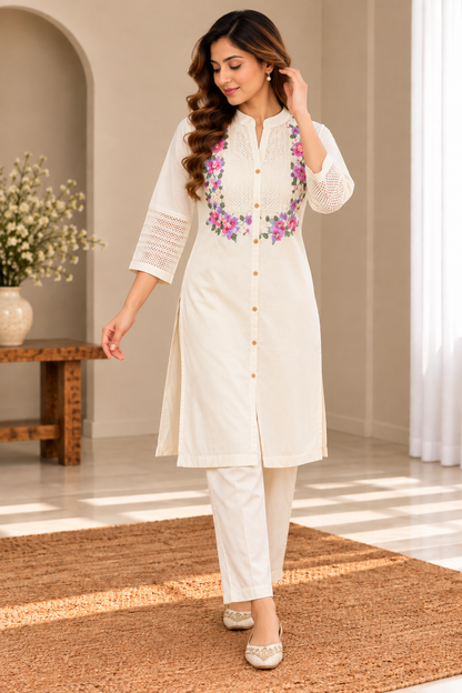 White Embroidered Kurta Set with Floral Detailing