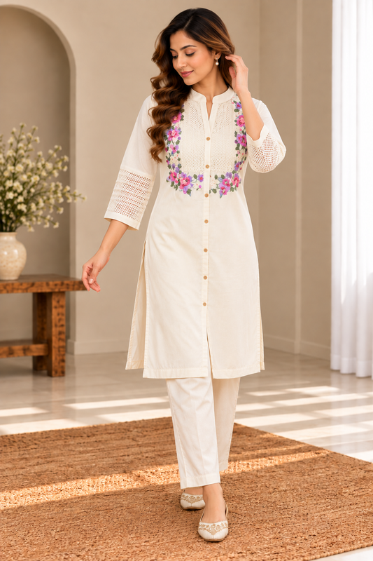 White Embroidered Kurta Set with Floral Detailing