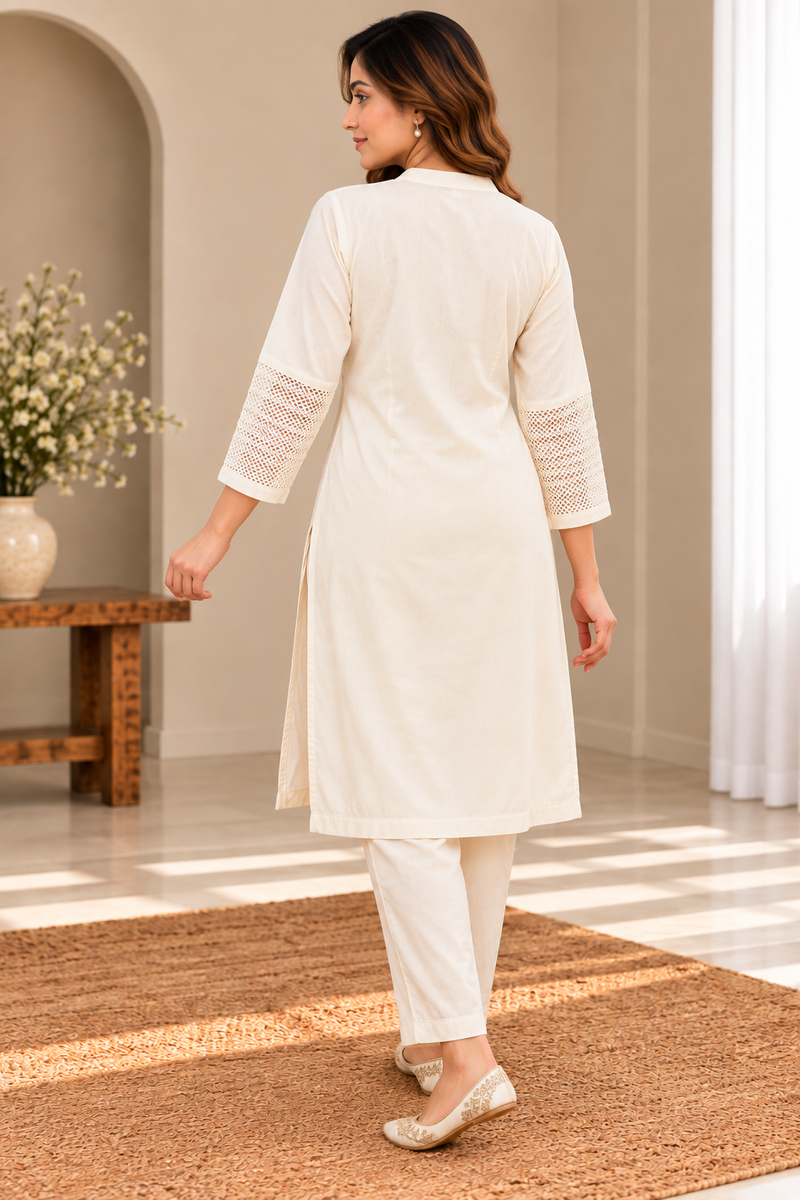 White Embroidered Kurta Set with Floral Detailing