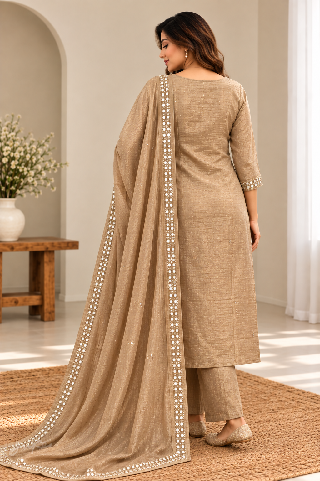 Beige Embroidered Kurta Set with Matching Dupatta
