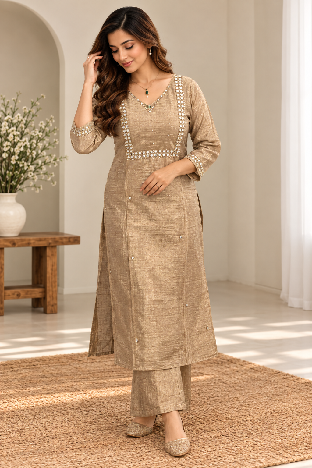 Beige Embroidered Kurta Set with Matching Dupatta