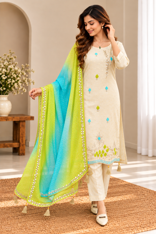 Ivory Embroidered Kurta Set with Lime Green & Blue Dupatta