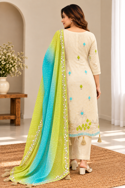 Ivory Embroidered Kurta Set with Lime Green & Blue Dupatta