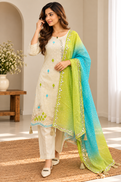 Ivory Embroidered Kurta Set with Lime Green & Blue Dupatta