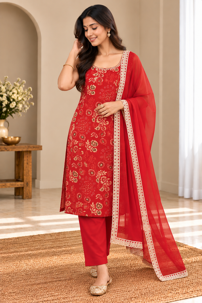 Red Printed 3-Piece Kurta Set with Dupatta