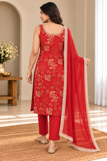 Red Printed 3-Piece Kurta Set with Dupatta