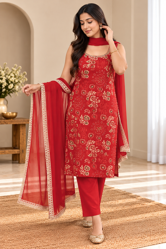 Red Printed 3-Piece Kurta Set with Dupatta